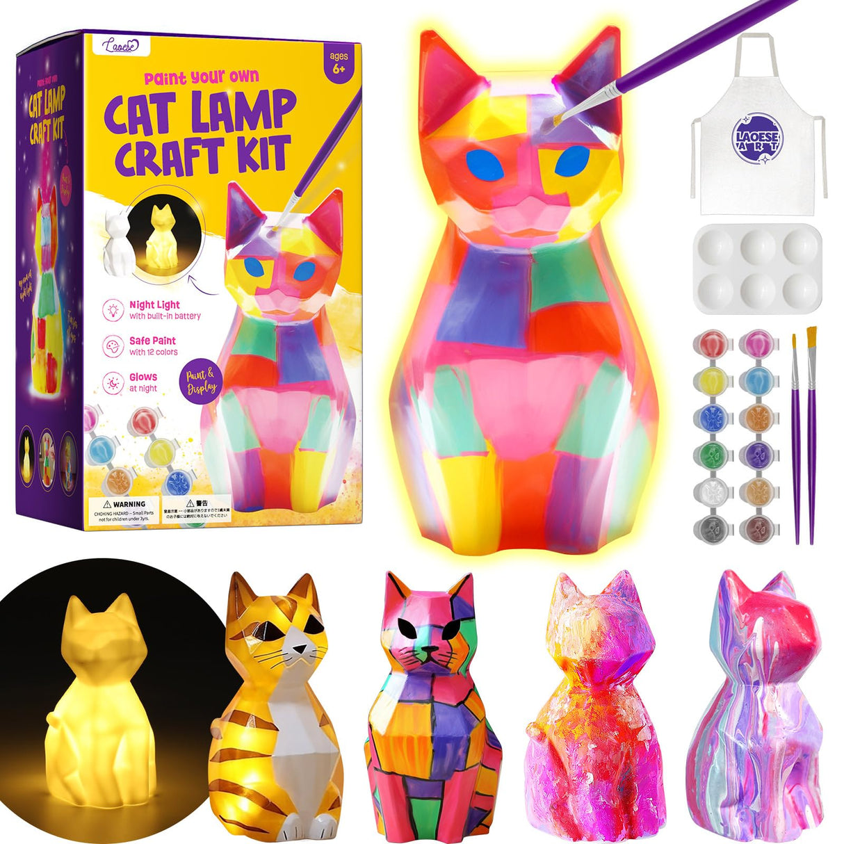 LAOESE Paint Your Own Cat Lamp Kit, Art Supplies Arts & Crafts Kit, Painting kit for Kids 6-12, Arts and Crafts for Kids Ages 8-12, Toys Girls Boy Birthday Gift Ages 3 4 5 6 7 8 9 10 11 12+ LAOESE