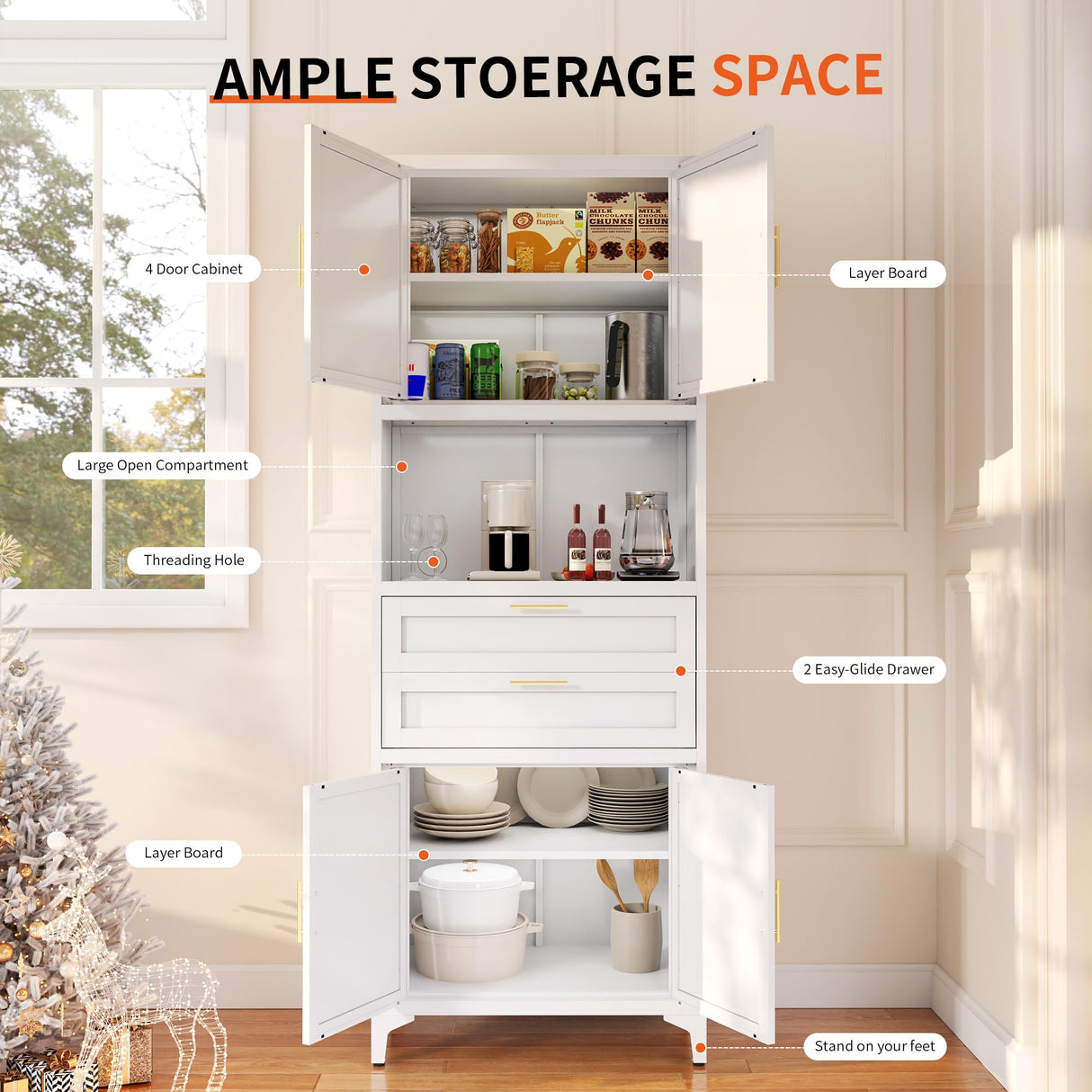 InaryLof 74.8"H Kitchen Storage Cabinet with 4 Doors and 2 Drawers, Open Countertop and Adjustable Tiers for Bathroom Storage，Tall Metal Cabinet For Kitchen, Dining Room, Living Room, Bathroom (White) InaryLof