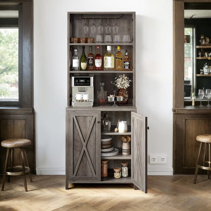 YITAHOME 67" Tall Wine Bar Cabinet for Liquor Storage with Glasses Rack, Doors and Shelves, Freestanding Farmhouse Home Buffet Coffee and Wine Bar Cabinet for Living Room, Dining Room, Kitchen, Grey