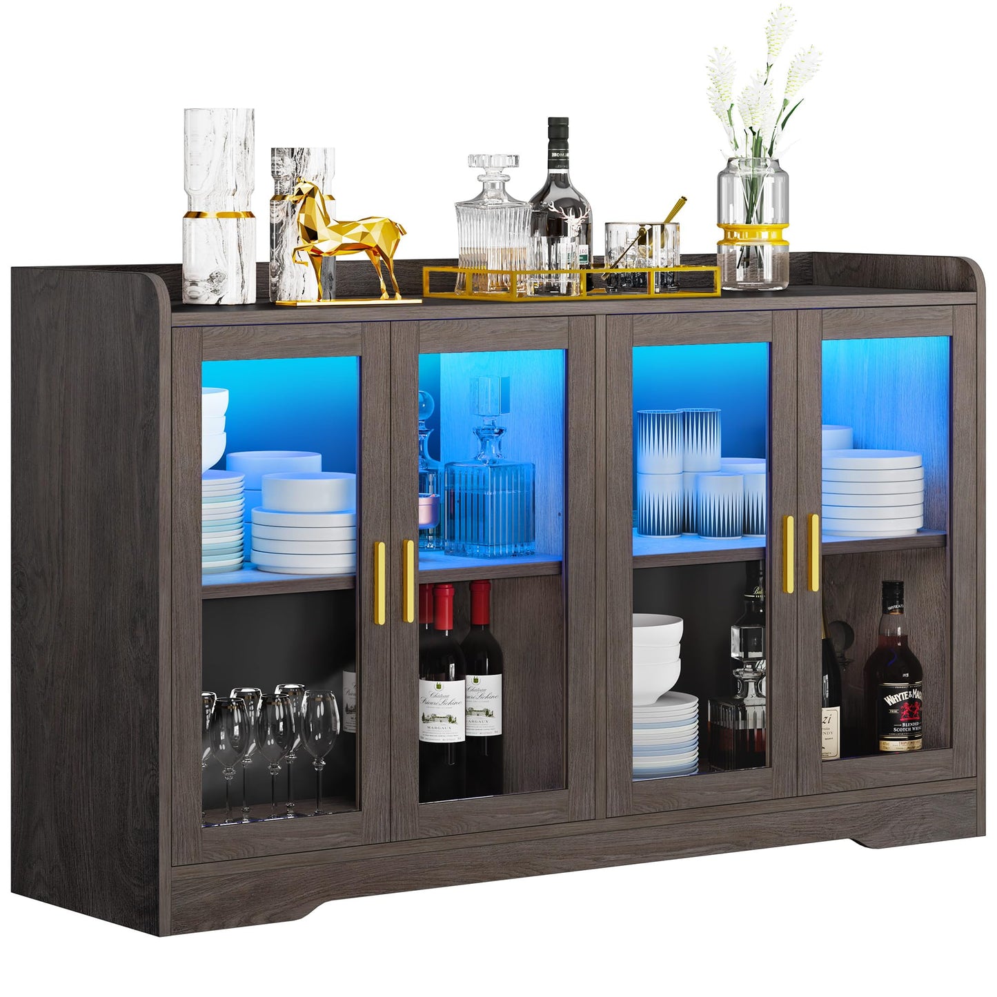 YITAHOME Coffee Bar Cabinet w/LED Light, 55'' Sideboard Buffet Cabinet with Storage and Adjustable Shelves, Storage Cabinet with 4 Glass Doors for Kitchen, Dining Room, Living Room, Charcoal  - WoodArtSupply