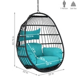 Sunnydaze Dalia Black Steel and Polyethylene Wicker Hanging Egg Chair with Teal Polyester Seat Cushions - 45-Inch Tall Sunnydaze