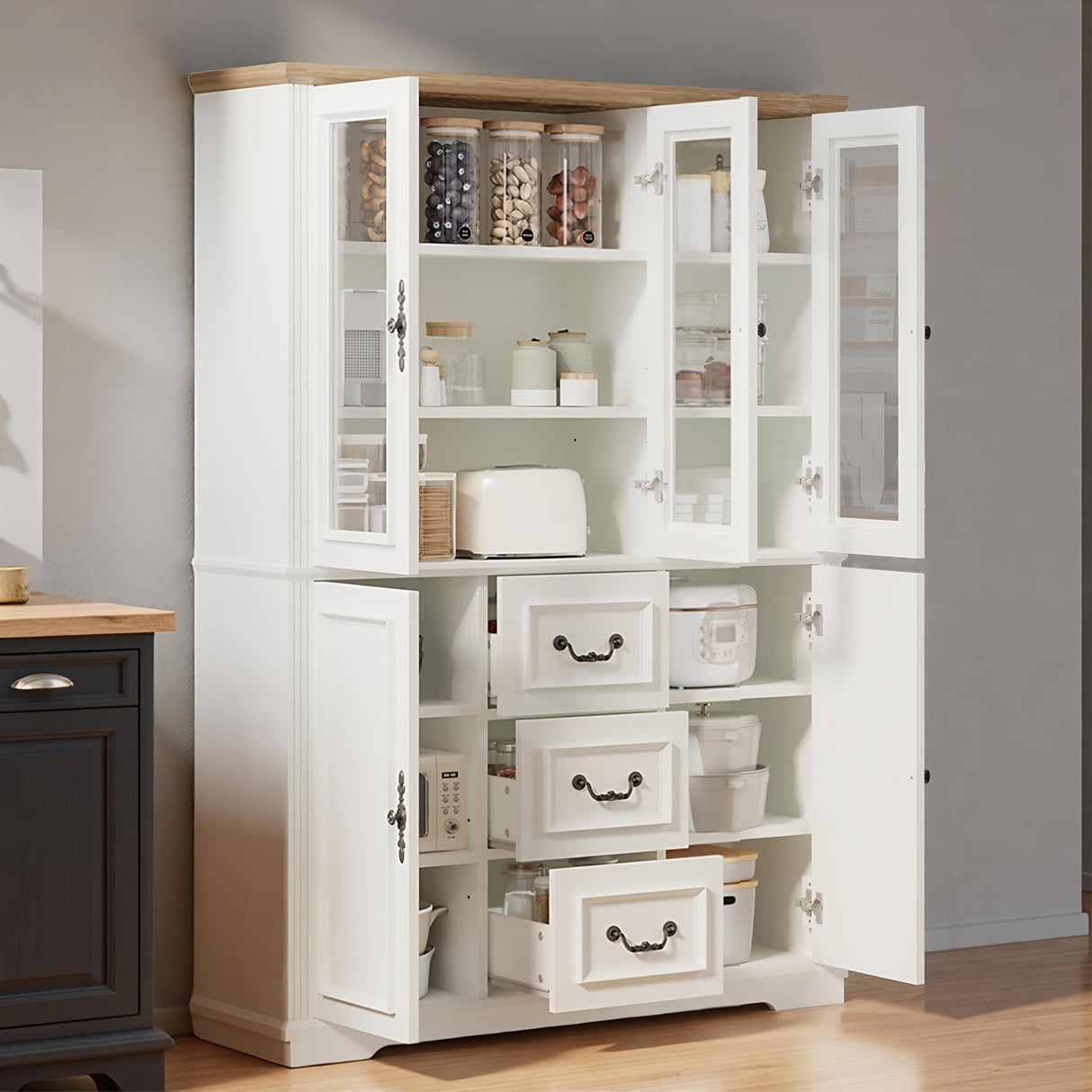 YITAHOME 71" H x 47" W Kitchen Pantry with 3 Drawers, Large Storage Cabinet with 3 Glass Doors & Adjustable Shelves, Freestanding Tall Display China Cabinet for Living & Dining Room, White YITAHOME