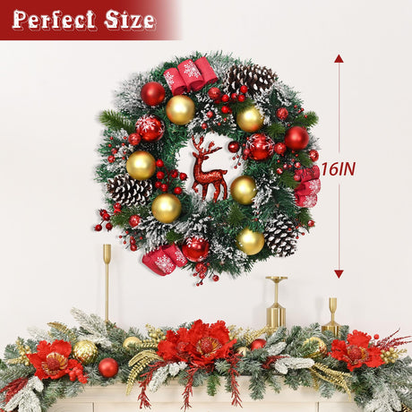 Christmas Wreath Decor - 16'' Christmas Wreaths for Front Door with Sparkly Red Christmas Reindeer Berries Cones Pine Needles, Door Wreath for Home Door Wall Party Christmas Decorations Yastouay