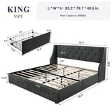 Allewie King Size Bed Frame with 4 Storage Drawers and Wingback Headboard, Button Tufted Design, No Box Spring Needed, Dark Grey Allewie