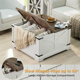 Joaxswe Farmhouse Coffee Table with Large Hidden Storage Compartment, Antique White Square Center Table, Wood Rustic Low Modern Living Room Tables with Hinged Lift Brown Top & Wooden Arc Base Joaxswe
