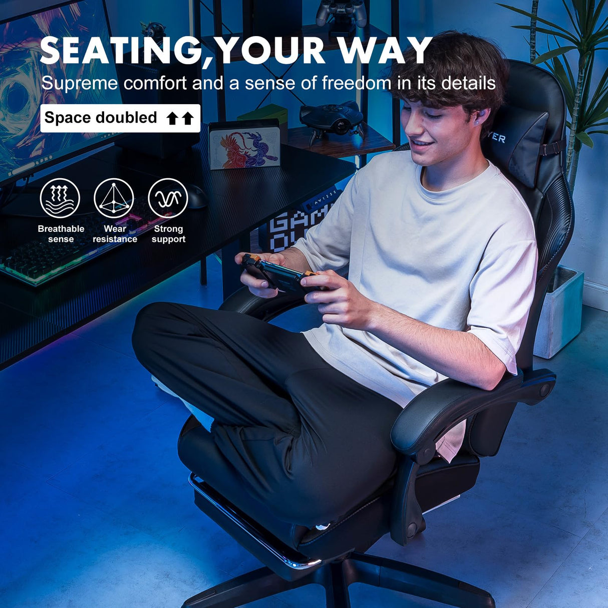 GTPLAYER Gaming Chair, High Back Leather Computer Gaming Chair with Footrest, Ergonomic Height Adjustable Office Chair with Removable Cover and Lumbar Support for Gaming and Work (Black) GTPLAYER