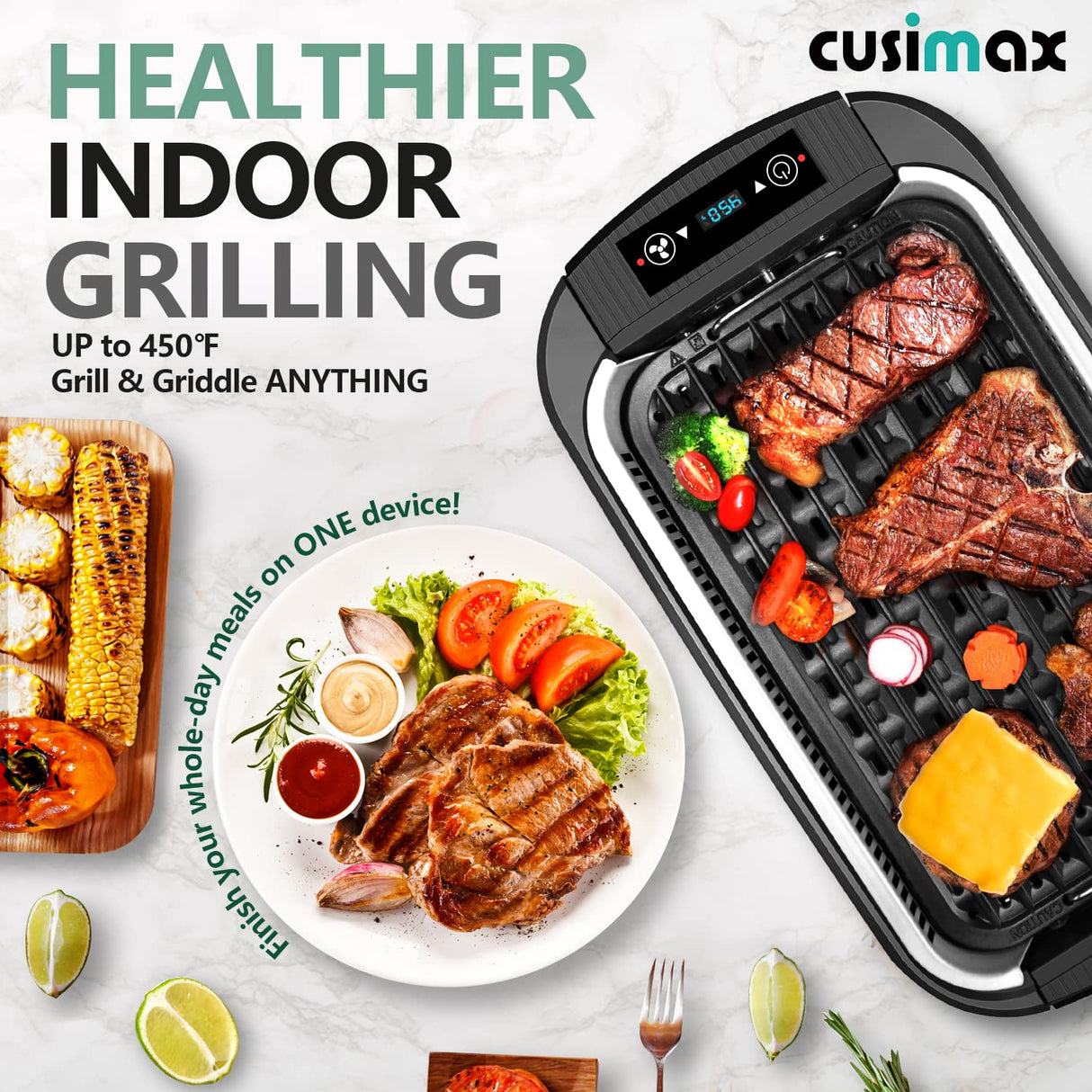 Indoor Grill, CUSIMAX Smokeless Grill Indoor, 1500W Electric Grill Griddle Korean BBQ Grill with LED Smart Display & Tempered Glass Lid, Non-stick Removable Grill Plate & Griddle Plate, Black CUSIMAX