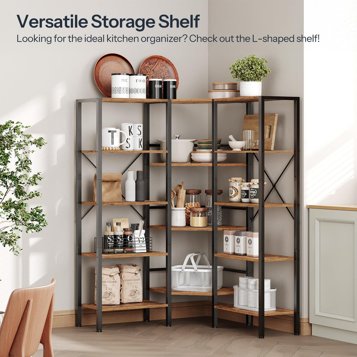 HOOBRO Industrial Corner Bookshelf, 5-Tier L-Shaped Bookcase, Open Display Storage Rack, Floor Standing Storage Shelf, for Living Room, Bedroom, Home Office, Rustic Brown and Black BF68SJ01 HOOBRO