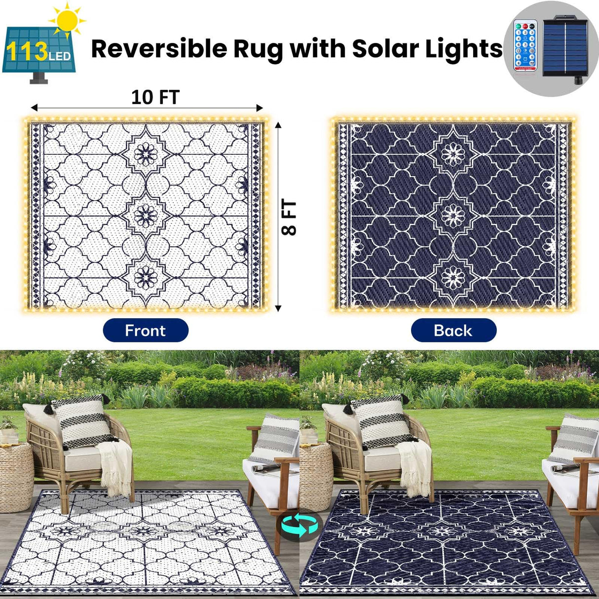 8x10Ft Outdoor Rug, Solar Powered Outdoor Rug with 113LEDs Strip Lights, Waterproof Plastic Reversible Outdoor Straw Rugs, Rugs Mat for House Deck RV Camping Patio Beach Balcony Picnic (Blue White) Capybland