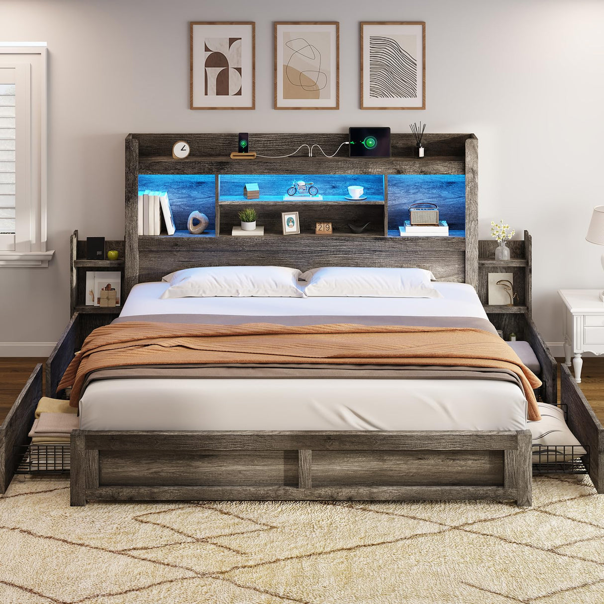 AMERLIFE King Size Bed Frame with 4 Storage Drawers, LED Bed Frame with 49“ Tall Bookcase Headboard, Wood Platform Bed with Charging Station & 2 Slide Bedside Shelf, No Box Spring Needed/Rustic Grey AMERLIFE