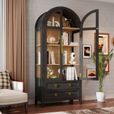 EOAWE Arched Curio Cabinet with Glass Doors, 4-Tier Display Cabinet with 2 Drawers, Tall Bookcase with 3 Color Lights, Display Case, Kitchen Pantry, Black+Wood EOAWE