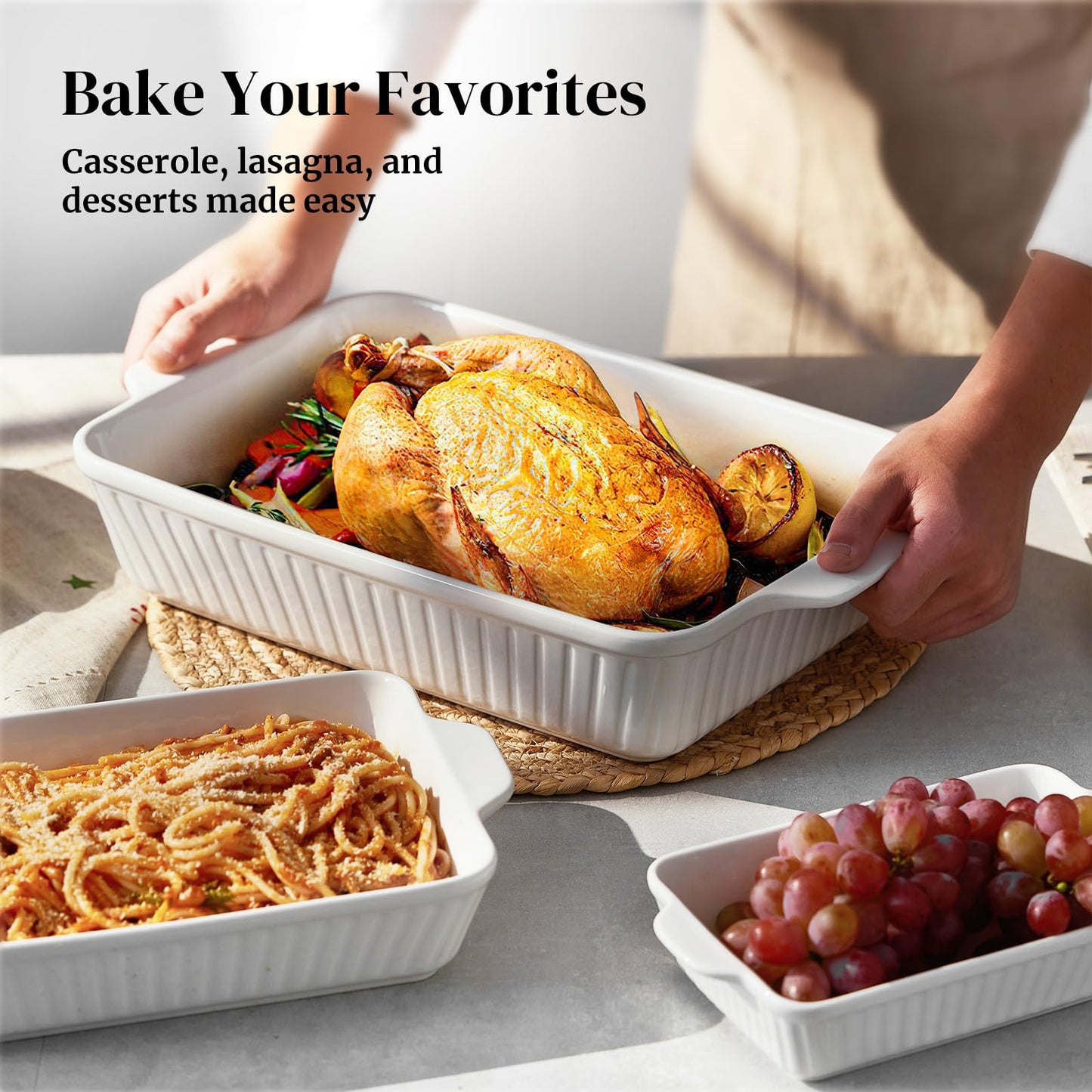 DOWAN Casserole Dishes for Oven, Baking Dishes Set, Ceramic Bakeware Sets of 3, Lasagna Pan Deep, Rectangular Baking Pan Set with Handles for Baking, Casserole, Kitchen, Wedding Gift, White (15.6''/12.2''/8.9'')