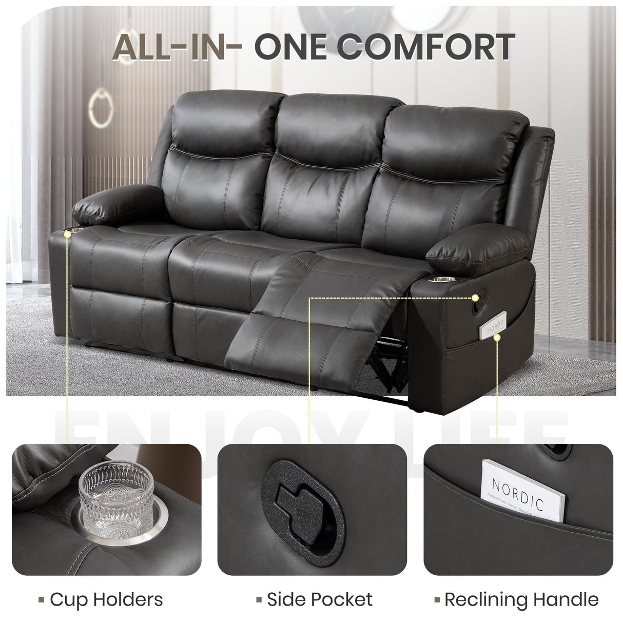 CALIVIA Manual Reclining Sofa Set, Double Recliner Loveseat and 3-Seater Sofa for Living Room, Faux Leather Upholstery with Sturdy Frame & Soft Cushions (Grey) CALIVIA