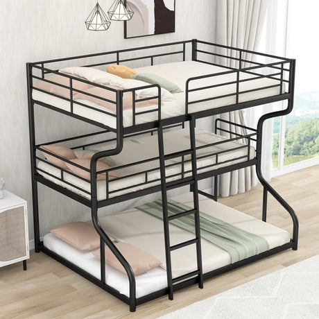 Jintop Full XL Over Twin XL Over Queen Size Triple Bunk Bed ith Long and Short Ladder,Metal Loft Bed Frame,w/Safety Guardrail,for Kids Bedroom,Student Dorms,Guest Rooms,Black Jintop