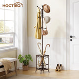 Hoctieon Coat Rack Freestanding, Coat Tree with Umbrella Holder, Metal Coat Rack Stand with 12 Hooks, Standing Coat Hanger Stand, Umbrella Stand for Entryway, Hat Rack Stand for Home Office, Brown Hoctieon