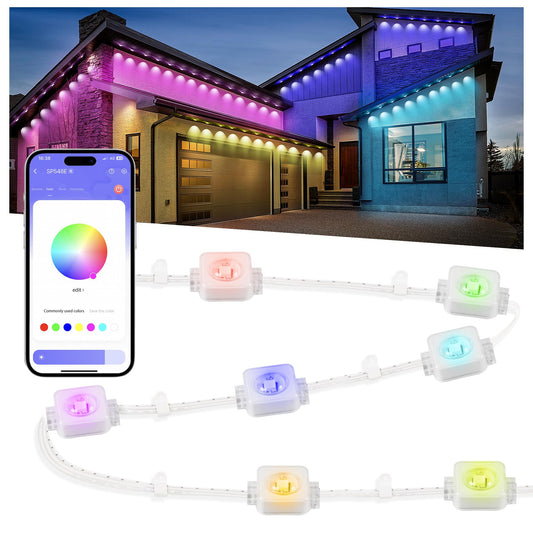 Nexillumi Permanent Outdoor Lights for House, 100ft Smart RGB Plus IC Outside Lights with 60 Scene Modes, IP67 Waterproof Eaves Lights for Christmas All Holiday Decorations