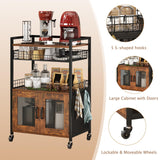 Hencawima Coffee Bar Cabinet, 3 Tier Coffee Station Table on Wheels, 35.9" H Bar Cart with Wire Basket Drawer & 5 Hooks for Home Kitchen, Liquor Buffet Sideboard Cabinet (Rustic Brown) Hencawima