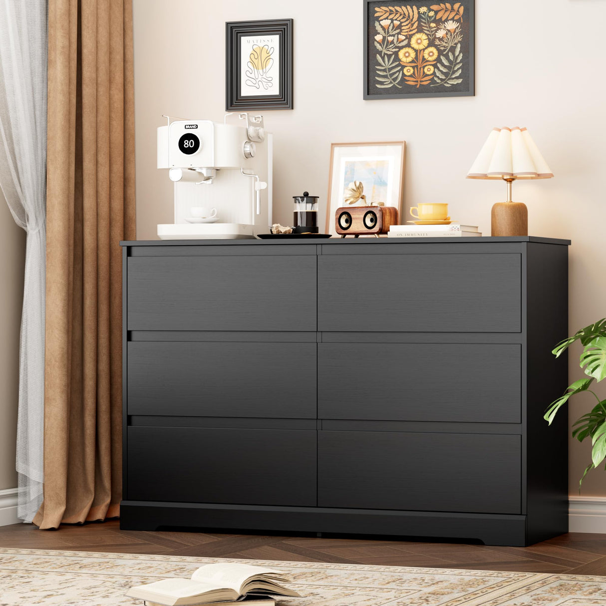 FOTOSOK 6 Drawer Double Dresser, Black Dresser, Modern 6 Chest of Drawers with Deep Drawers, Wide Storage Organizer Cabinet for Living Room Home FOTOSOK