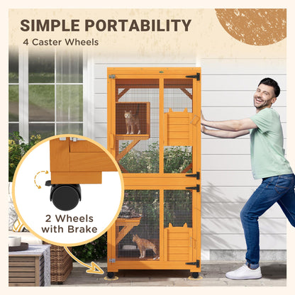 PawHut Wooden Catio with Waterproof Roof, Large Cat House with High-Up Resting Box, Indoor & Outdoor Cat Enclosure with Wheels, for 1-3 Cats, Orange - WoodArtSupply