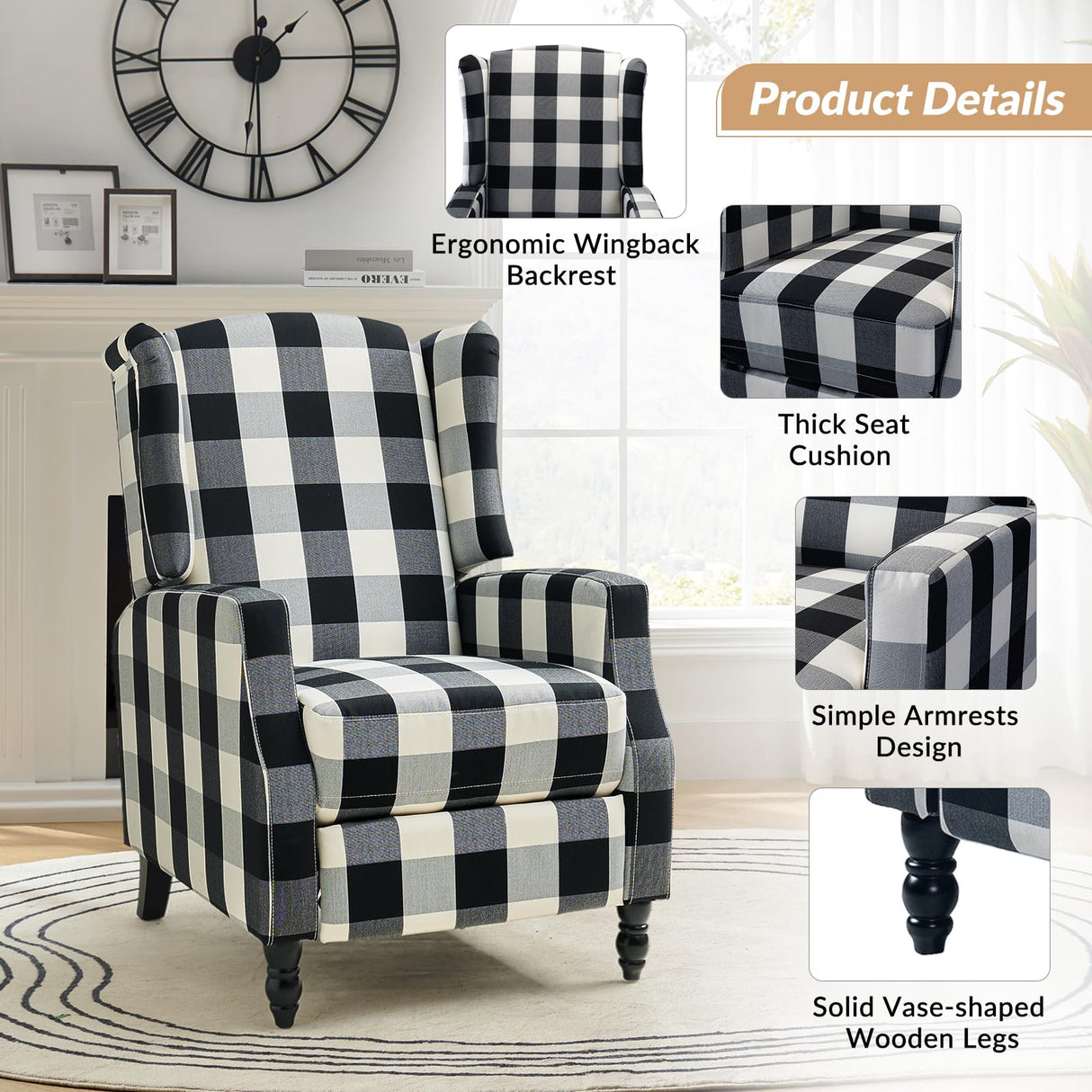 HULALA HOME Wingback Recliner Chairs Set of 2, Traditional Push Back Recliners with Solid Wood Legs, Modern Lounge Armchairs for Living Room, Comfy Upholstered Accent Reclining Chairs, Buffalo Black HULALA HOME