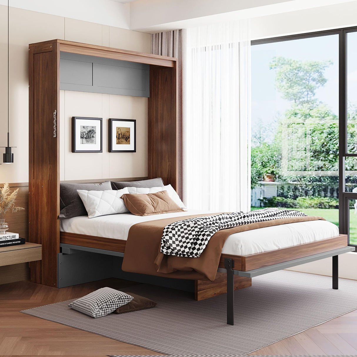 THINK 30 Murphy Bed with Foldable Desk – Space Saving Wall Bed, Full Size, Walnut & Gray THINK 30