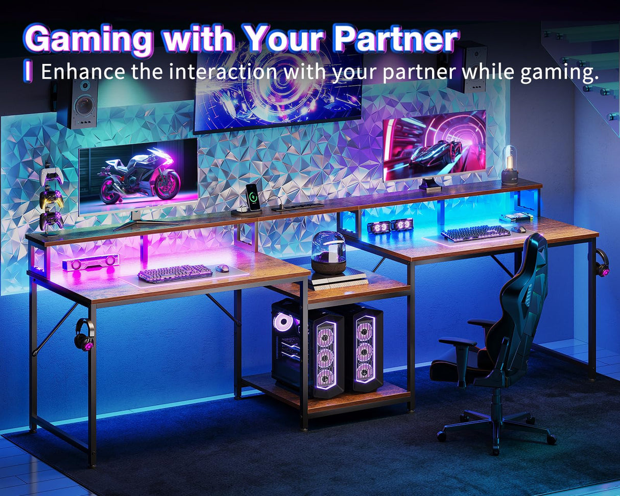 Coleshome 98" Home Office Computer Desks with Storage Shelves- 2 Person Writing Desk with LED Lights & Power Outlet, Long Two Person Desk with Monitor Stand, Double Study/Work Table Workstation, Brown Coleshome