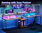 Coleshome 98" Home Office Computer Desks with Storage Shelves- 2 Person Writing Desk with LED Lights & Power Outlet, Long Two Person Desk with Monitor Stand, Double Study/Work Table Workstation, Brown Coleshome