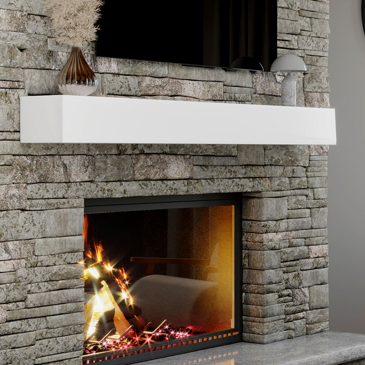Ortaville Fireplace Mantel, Modern Design, Matte Lacqeur Finish, Wall-Mounted Floating Shelf (72", White) Ortaville