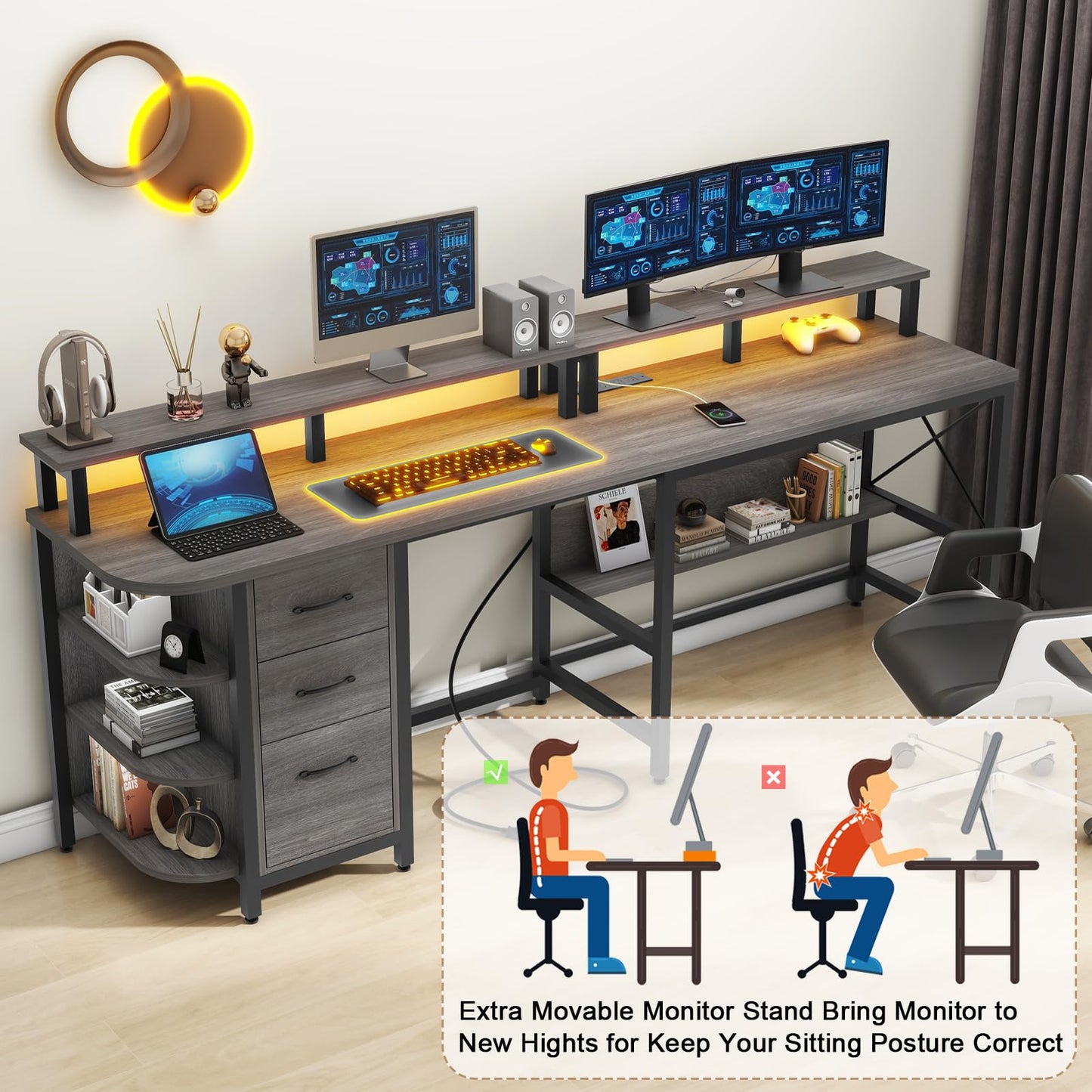 67" L Shaped Computer Desk with LED Lights and Power Outlets, Reversible L Shaped Gaming Desk with 3 Drawers Hutch Monitor Stand, Home Office Desk with USB Port Home Office