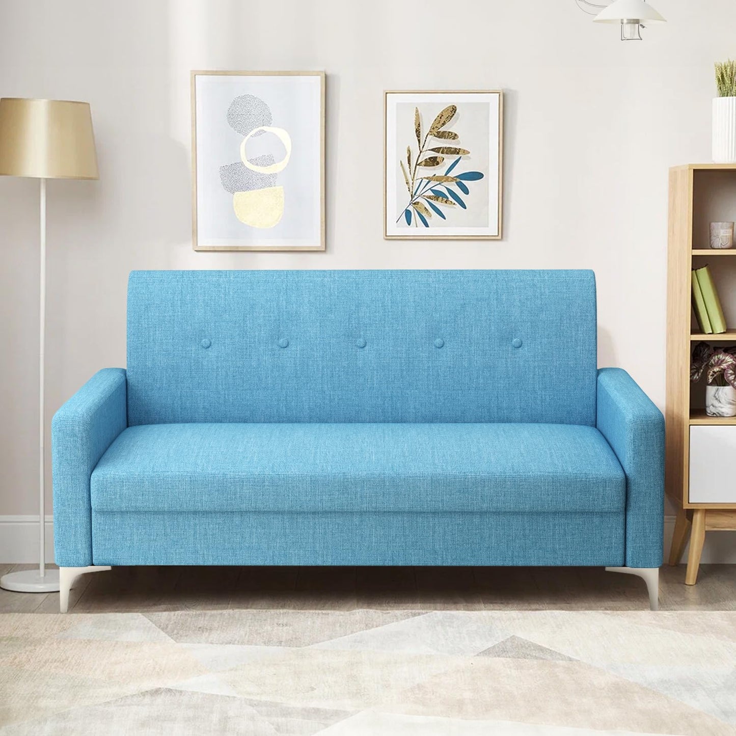 Loveseat Sofa Couch with Storage Seat, 57" Button Tufted Upholstered 2 Seat Sofa with Side Pockets, Modern Love Seat with Silver Metal Legs for Living Room, Bedroom, Office, Small Space (Blue)