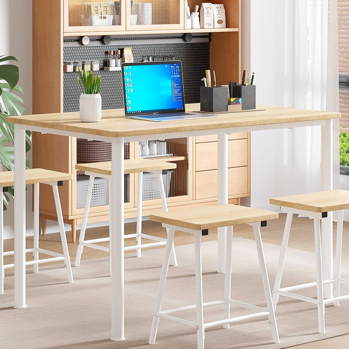 VECELO Kitchen Table and Chairs for 4, Dining Room Set with Chairs/Stools, Heavy-Duty Metal Frame with Wooden Tabletop for Small Spaces, Easy Assembly, Natural Oak VECELO