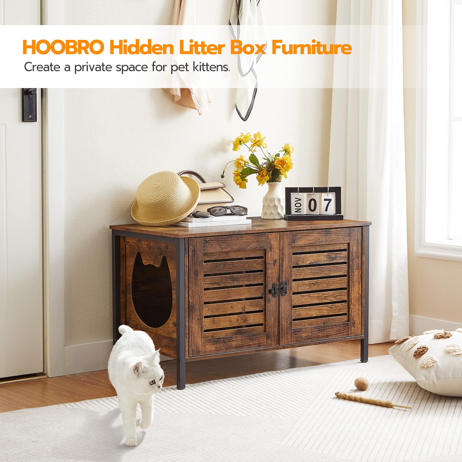 HOOBRO Cat Litter Box Enclosure, Hidden Litter Box Furniture with Shutter Door and Head Mat, Cat Litter Box Furniture Fit Most of Litter Box, 31.5''L x 17.7''W x 19.9''H, Rustic Brown BF06MW0 - WoodArtSupply