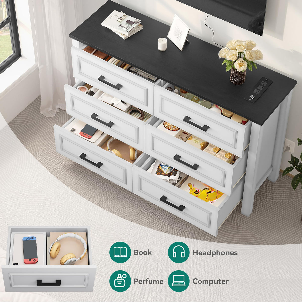 YITAHOME 6-Drawer Dresser with Built-in Power Outlet, Wood TV Stand with 6 Large Drawers & Bar Handles, Dresser Chest of Drawers for Entryway Living Room Hallway, White & Black YITAHOME