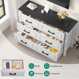 YITAHOME 6-Drawer Dresser with Built-in Power Outlet, Wood TV Stand with 6 Large Drawers & Bar Handles, Dresser Chest of Drawers for Entryway Living Room Hallway, White & Black YITAHOME