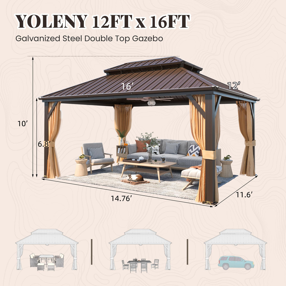 YOLENY 12' x 16' Hardtop Gazebo with Galvanized Steel Double Roof, Aluminum Pergolas Frame, Curtains and Netting Included, Metal Outdoor Gazebos for Garden, Patios, Lawns, Parties YOLENY