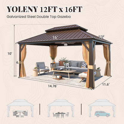 YOLENY 12' x 16' Hardtop Gazebo with Galvanized Steel Double Roof, Aluminum Pergolas Frame, Curtains and Netting Included, Metal Outdoor Gazebos for Garden, Patios, Lawns, Parties