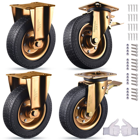 Fixed Casters Set of 4 Heavy Duty 8 Inch Plate Swivel Industrial Solid Rubber Rigid Caster Wheels for Cart Workbench Outdoor Castors Dual Locking Replacement 3200Lbs Load Capacity Bolts Screws Include LEE TEAM RISE