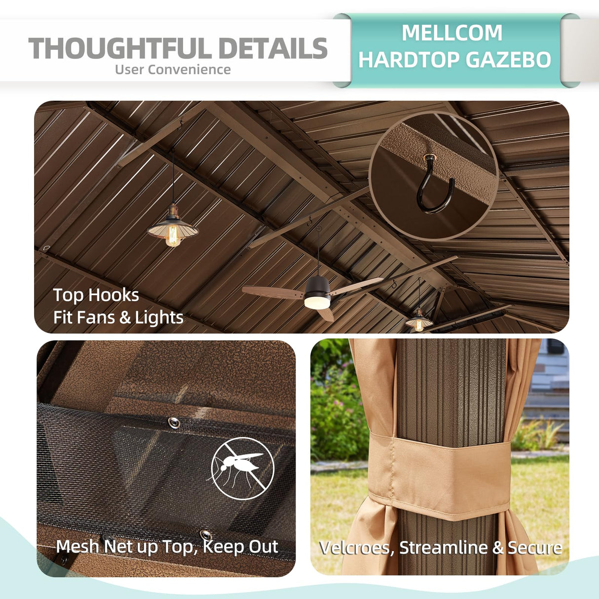 MELLCOM 12' x 22' Hardtop Gazebo,Galvanized Steel Metal Double Roof Aluminum Gazebo with Curtain and Netting,Brown Permanent Pavilion Gazebo with Aluminum Frame for Patios,Gardens,Lawns MELLCOM