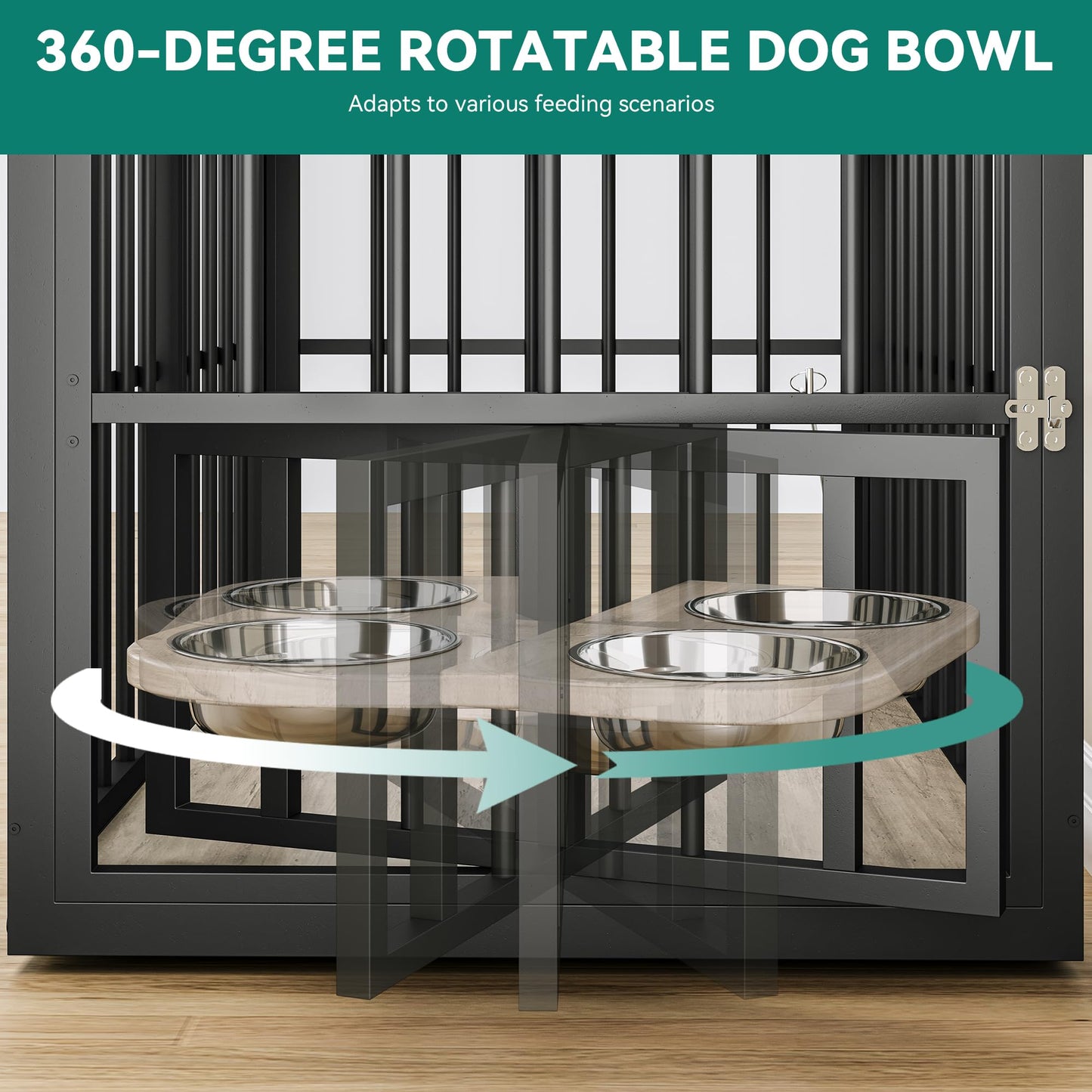 YITAHOME 88.6" Large Corner Dog Crate Furniture for 2 Dogs, 4 Combination Forms Wooden Dog Kennel with 360° rotatable Dog Bowls & 3 Doors,Dog Crate Furniture TV Stand for Medium Large Dog, Grey