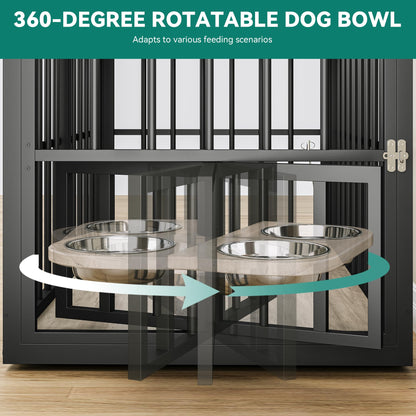 YITAHOME 88.6" Large Corner Dog Crate Furniture for 2 Dogs, 4 Combination Forms Wooden Dog Kennel with 360° rotatable Dog Bowls & 3 Doors,Dog Crate Furniture TV Stand for Medium Large Dog, Grey