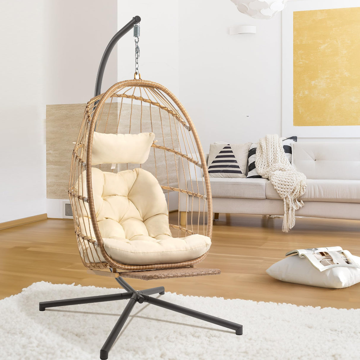 Hanging Egg Chair with Stand and Footrest for Indoor Outdoor - Patio Swing Egg Chairs Wicker Hammock Chair Bedroom, Aluminum Steel Frame and UV Resistant Cushion 370LBS Capacity for Kids Adults, Beige XIAO WEI