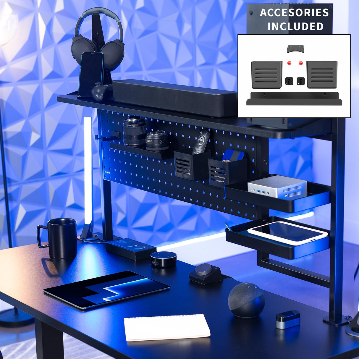 VIVO Steel Clamp-on 46 x 25 inch Desk Pegboard System with Storage Shelf and Accessory Trays, Multi-Purpose Office Organizer, Black, PP-PBSF46 VIVO