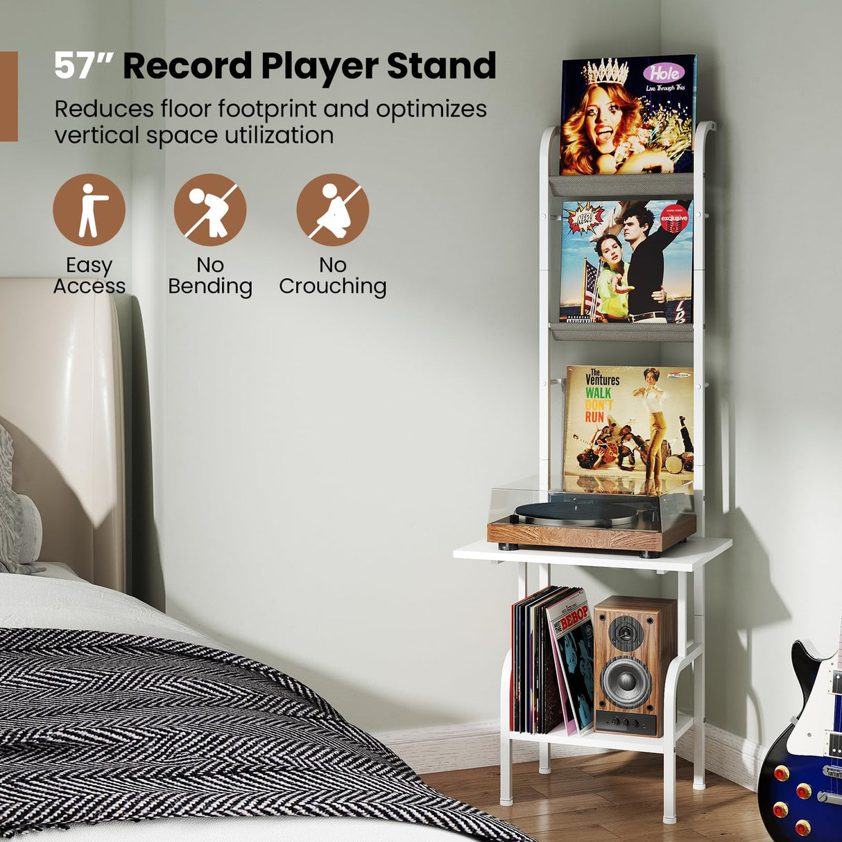 Giantex Record Player Stand with Vinyl Storage, 5-Tier Tall Turntable Stand with Record Holder Vinyl Display Shelf, Holds up to 200 Albums, Vinyl Record Storage for Living Room, Bedroom (White) Giantex