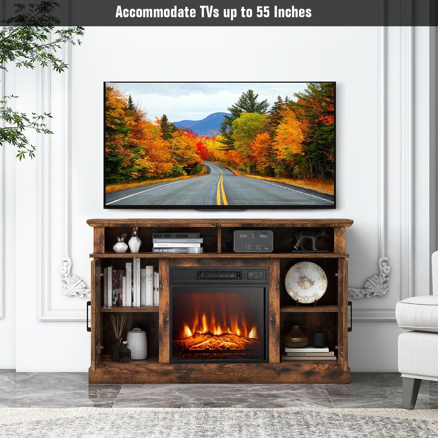 GOFLAME Fireplace TV Stand for TV up to 55 Inches, Freestanding Wood Entertainment Center with 18” Electric Fireplace, 48" TV Console Table with 2 Open Storage Compartments and 2-Door Cabinet, Brown