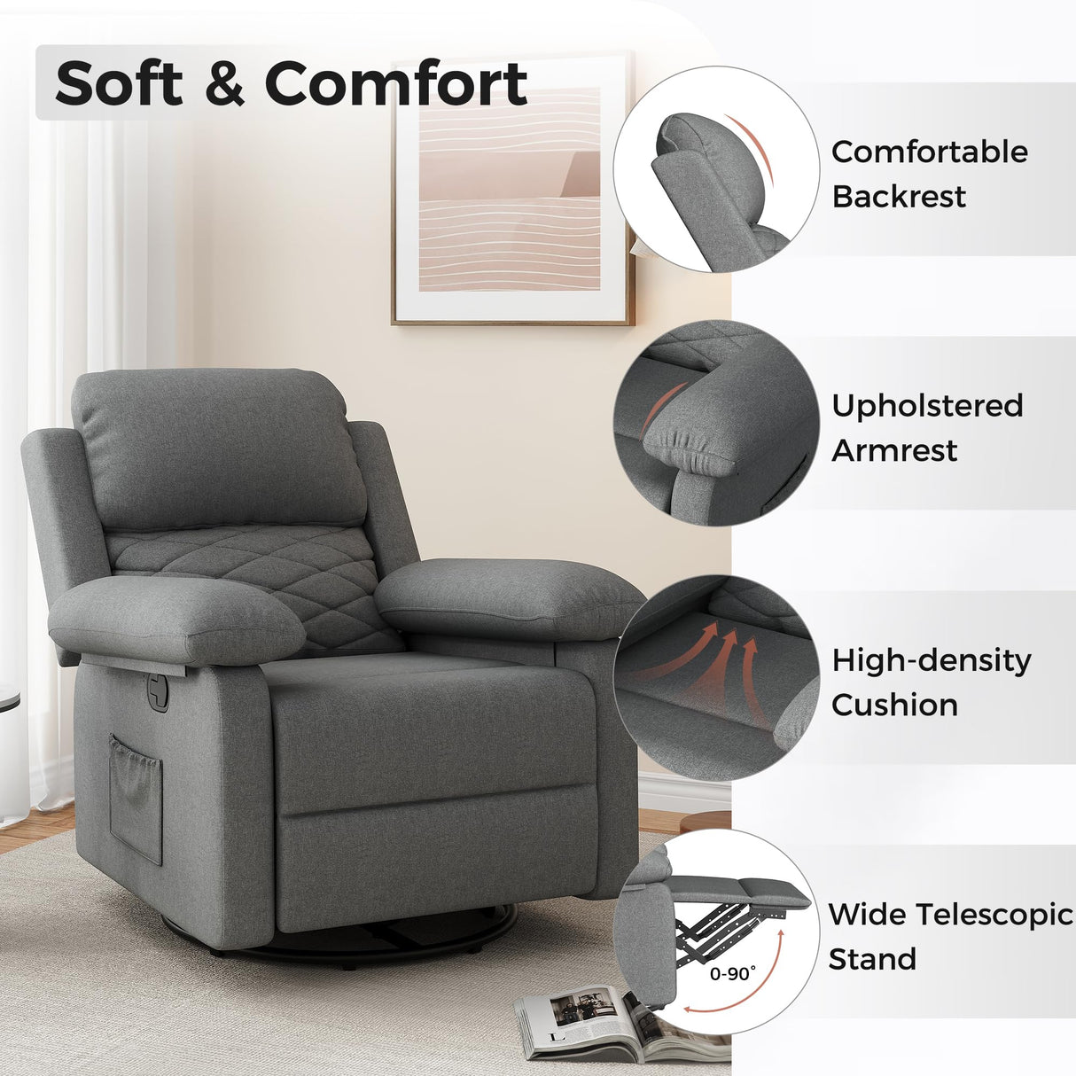 Glider Recliner for Adult Indoor Upholstered Lounge Nursery Chair Swivel Single Sofa with Side Pockets for Living Room Bedroom(Grey) Amopatio