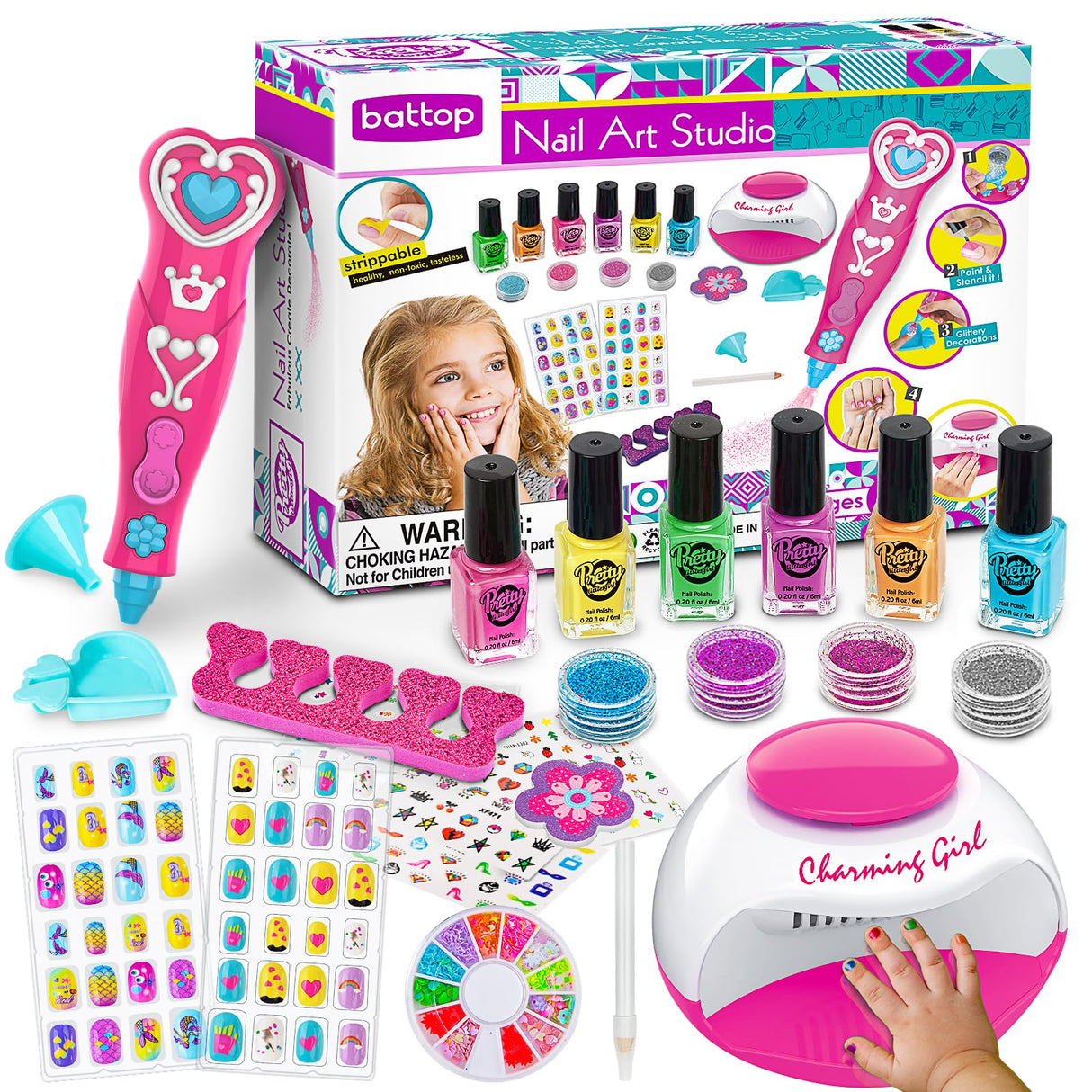 BATTOP Kids Nail Polish Set for Girls, Nail Art Kits with Nail Dryer & Glitter Pen, Quick Dry & Peel Off & Non-Toxic Nail Polish, Christmas Birthday Gifts for Girls Ages 6 7 8 9 10 11 12 BATTOP