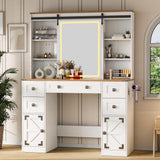 Makeup Vanity Desk with Lights, Large Vanity Desk with Sliding Mirror and Lights in 3 Mode, Farmhouse Vanity with Power Outlet, Vanity Desk with 5 Drawers,2 Cabinets,12 hooks, White Vanity for Bedroom ISHARINGTIME