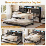 ADORNEVE Daybed with Trundle, Twin Day Bed with Storage Headboard & Charging Station, Height Adjustable Metal Trundle Bed Twin, Sofa Bed Frame for Living Room, Bedroom and Guest Room, Black ADORNEVE