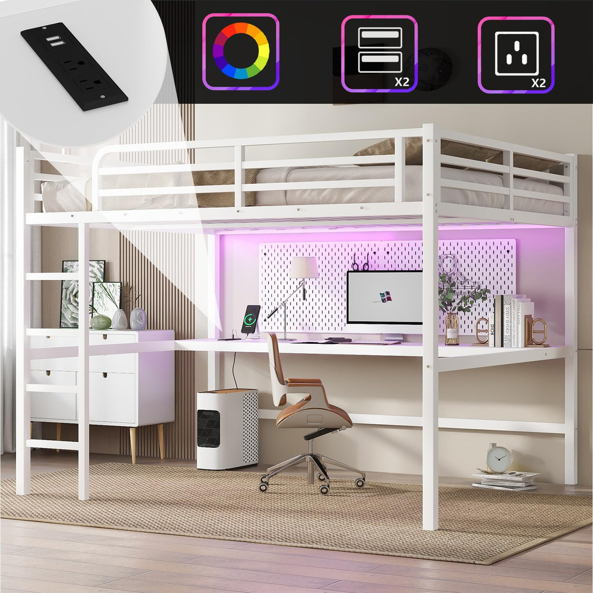 Sailret Metal Loft Bed Frame with Desk, Power Outlet & USB Charging, LED Lights, Noise-Free Sturdy High Loft Dorm Bed with Guardrails & Ladder, Space-Saving Design -Queen, White Sailret