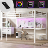 Sailret Metal Loft Bed Frame with Desk, Power Outlet & USB Charging, LED Lights, Noise-Free Sturdy High Loft Dorm Bed with Guardrails & Ladder, Space-Saving Design -Queen, White Sailret
